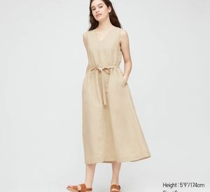 Uniqlo women's blended linen A-line beige dress